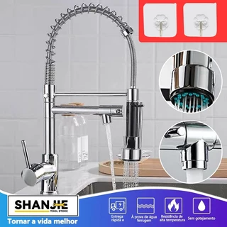 Torneira Cozinha Gourmet Monocomando Com Spray Extensor Prata Torneira de cozinha superior Tubo de água flexível para ajustar qualquer ângulo