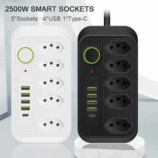 Régua Extensão de tomada 5 tomadas filtro de linha com 4 usb 1 USBC com cabo de 1.90 cm Bivolt Potência de 2500W