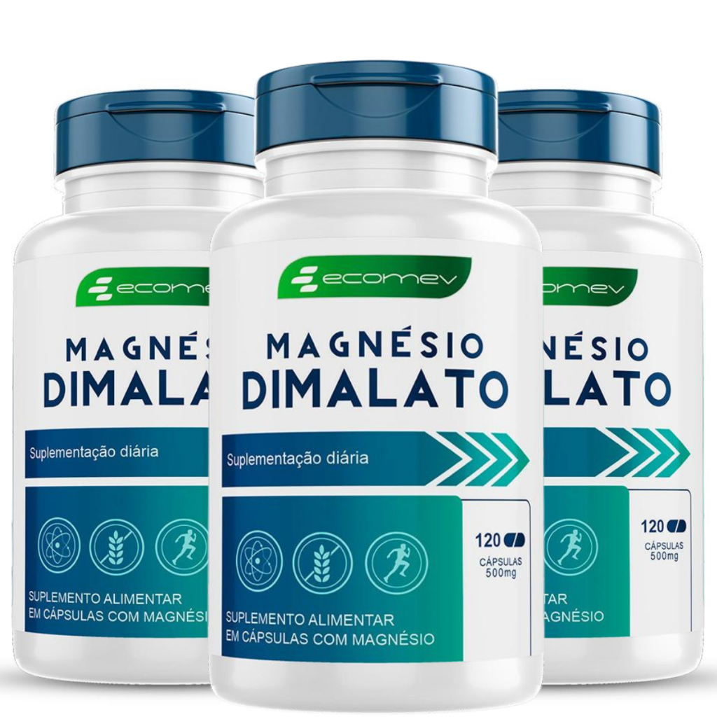 3 Potes Magnesio Dimalato 500mg 6 Mêses de Tratamento 120Caps Ecomev
