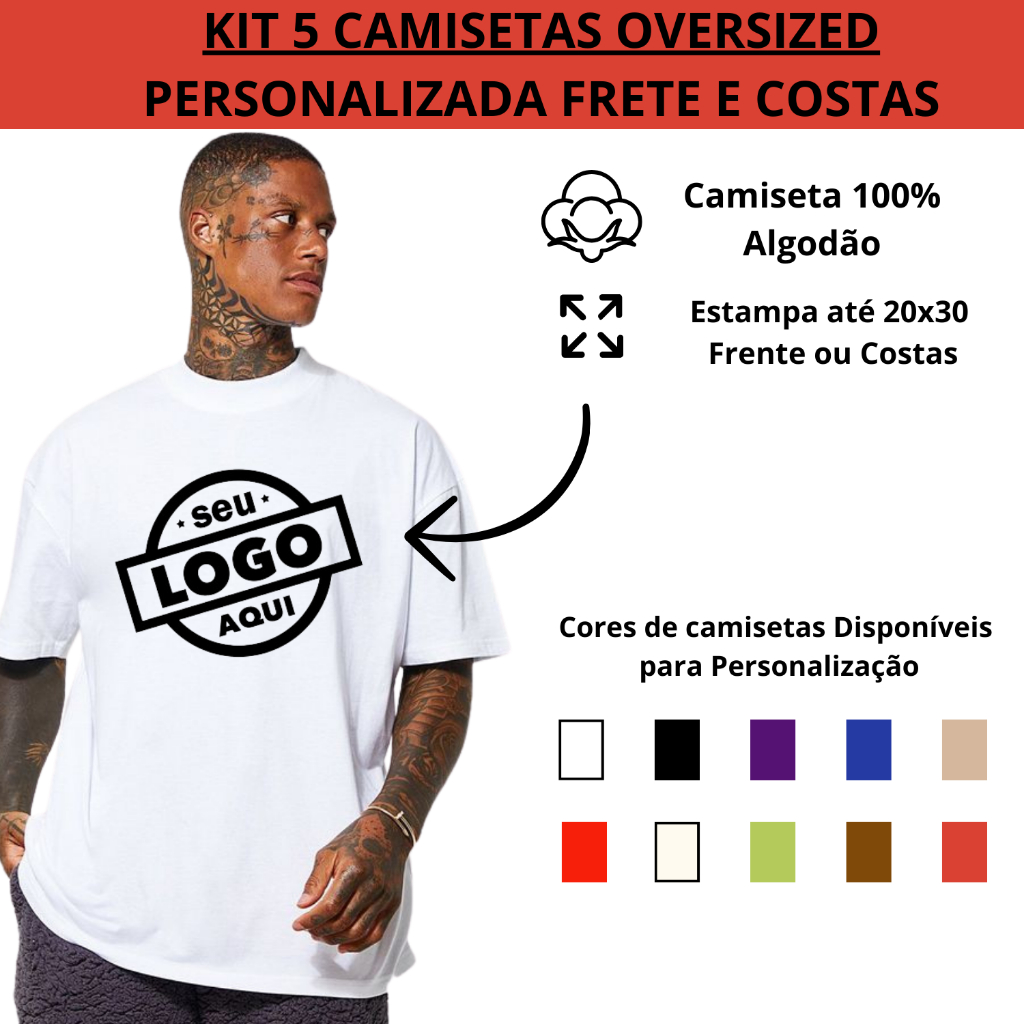 Kit 5 Camisetas Oversized Personalizada Estampa Frente e Costas Streetwear