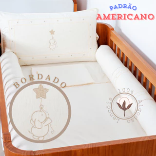 Kit Berço Americano Linho 08 Peças Algodão Redutor Amamentação Flor Cavalinho Elefantinho Bordado