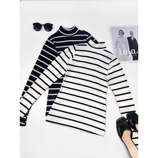 Kit 2pcs Blusa Listrada Gola Alta Feminina Manga Longa Blusa De Frio Basica Inverno ribana de algodao