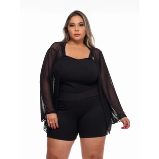 030 Conjunto Com 3 Peças Plus Size Short - Kimono em tule