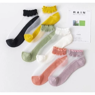 Kit 12 Pares Meia Cano Curto Feminina Divertida Transparente com Renda