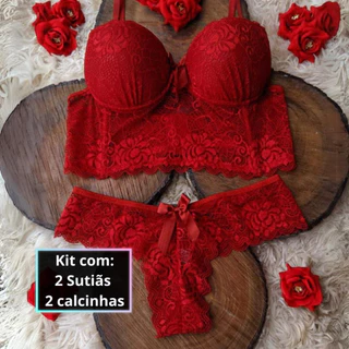 Kit 2 Conjuntos lingeries Calcinha Fio Dental e Sutiã Soutien Lingerie de Renda Iris Sutiãs Lingerie
