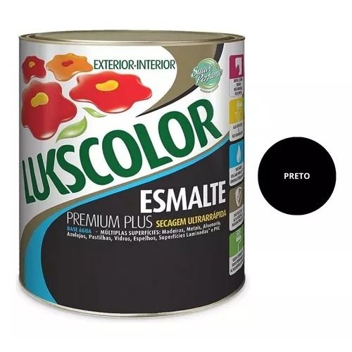Tinta Esmalte Base Água Preto Fosco 900ml Lukscolor Madeira / Metal / Alvenaria / Azulejo / Ferro