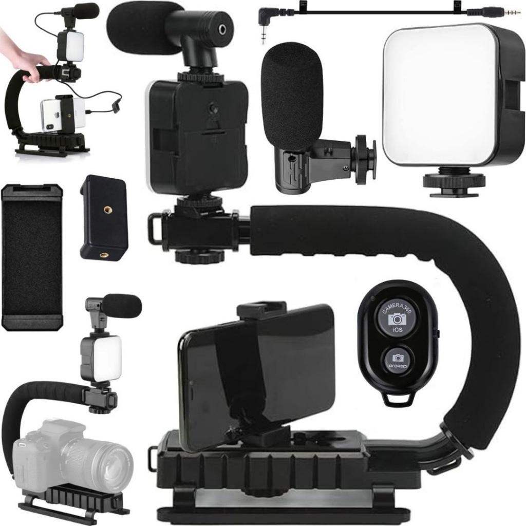 Kit Estabilizador de Celular e Câmera em Forma De U Para Vlog Com Microfone e Iluminação Luz Led