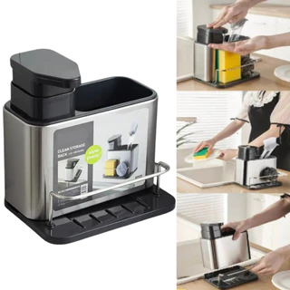 Organizador Aço Inox De Pia Suporte Para Esponja Com Porta Detergente Dispenser Sabão Cozinha