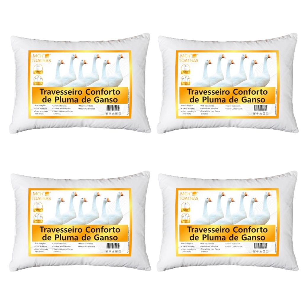 Kit 4 Travesseiro Pluma de Ganso Luxo Descanso Antiacaro 70x50cm Toque Macio