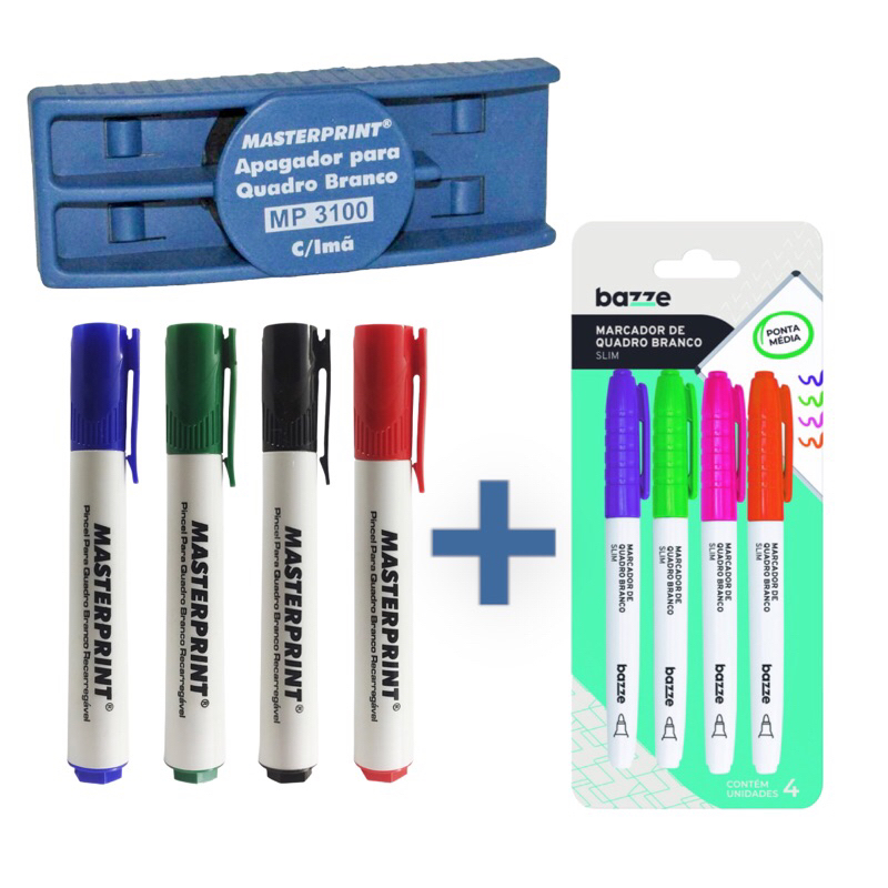 Kit 8 Pincel Canetão Quadro Branco Cores Vivas + Apagador
