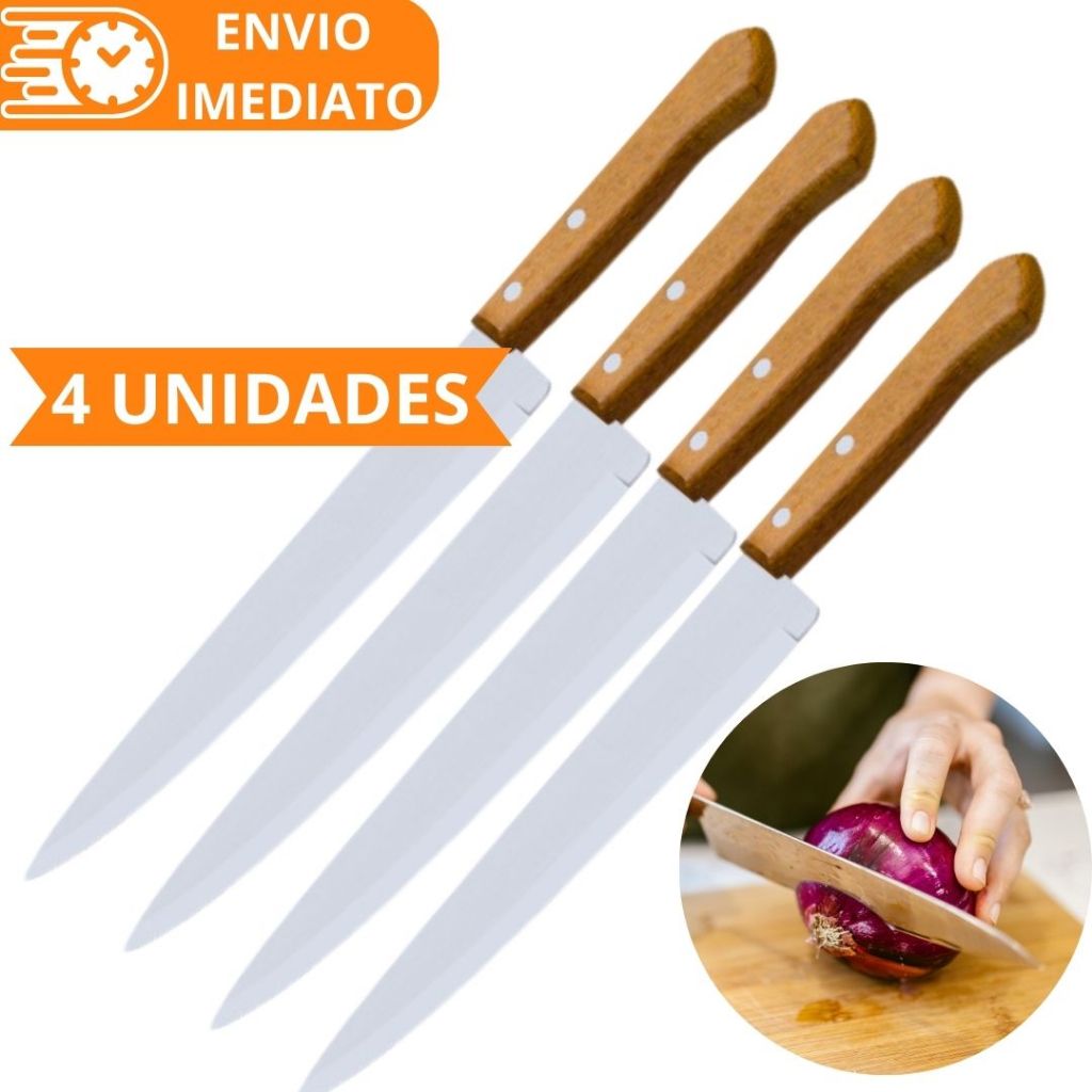 KIT 4 Faca de Cozinha Inox Profissional 7 Cabo de Madeira para Casa Restaurante 30CM