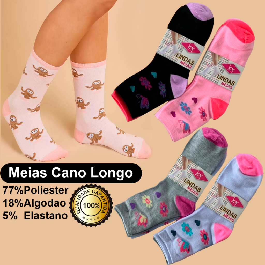 kit jogo 6 - 12 pares meias cano longo feminina Cano Longo macias e ...