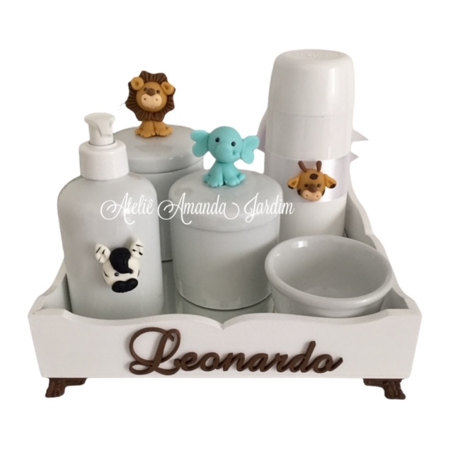Kit Higiene Bebê Safari 5 Peças Menino - Bandeja, Potes