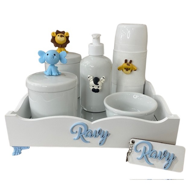 Kit Higiene Bebê Safari 5 Peças Menino - Bandeja, Potes