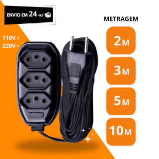 Extensão Elétrica - 10, 5, 3, 2 Metros Bivolt - Tomada Tripolares Resistente Preta