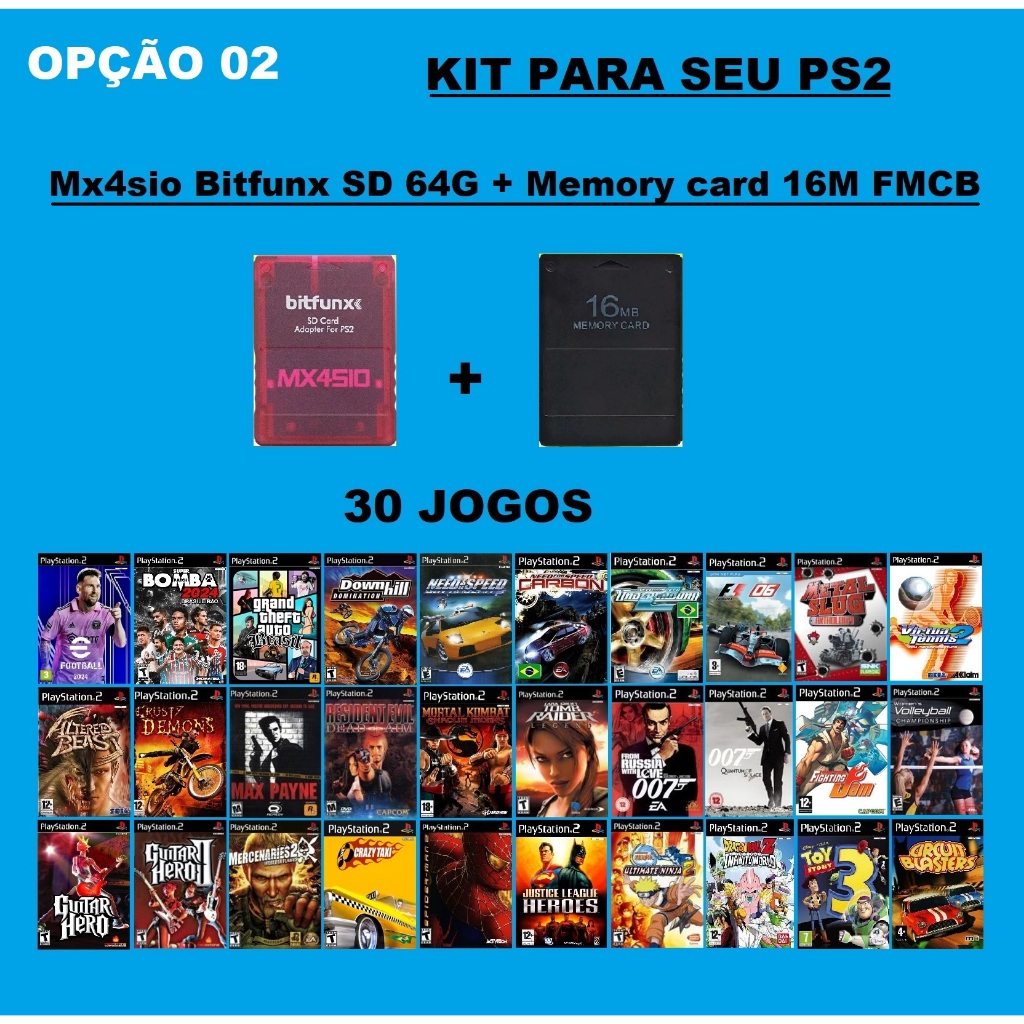KIT para seu ps2 - Mx4sio Bitfunx SD 64G com jogos de ps2 + Memory card 16M com FMCB