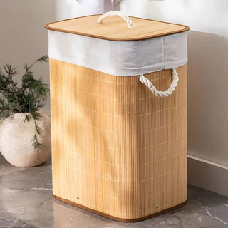 Cesto de Roupa Suja 57CM Lavanderia em Bambu com tampa Retangular Forrado com Banheiro Dobrável