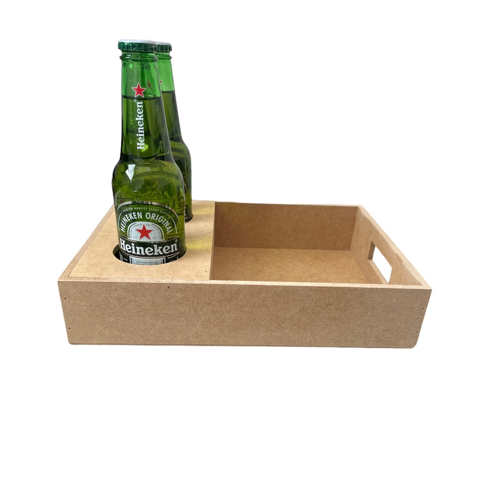 Kit 5 Unidades Bandeja Retangular M Lisa Com Suporte Para 2 Garrafas e Alça Para Cesta De Café Da Manhã 30x20x6 -- MDF CRU
