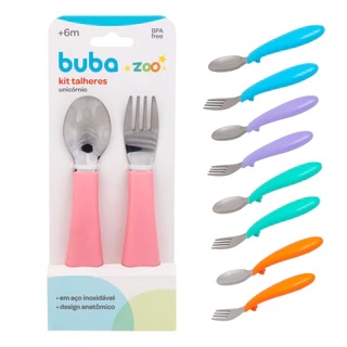 Kit Talheres Infantil Colher Garfo Inox Buba BubaZoo Talher Bebê Introducação Alimentar Refeição Menino Menina