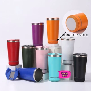 Copo térmico inox com tampa abridor e caixa de som com bluetooth Led em Oferta na Shopee