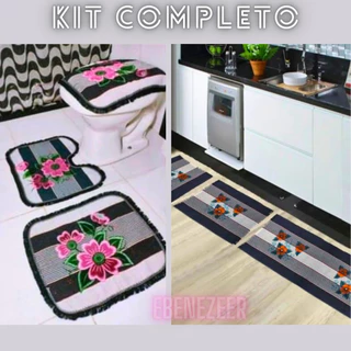 Kit Com 02 Jogos Tapete Banheiro E Passadeira De Cozinha Tear Estampada 3 Peças Casa Decoração