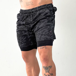 Bermuda 2 em 1 Masculina Dry Fit Kong Com Compressão e Bolso Para Celular Academia Corrida Treino Fitness