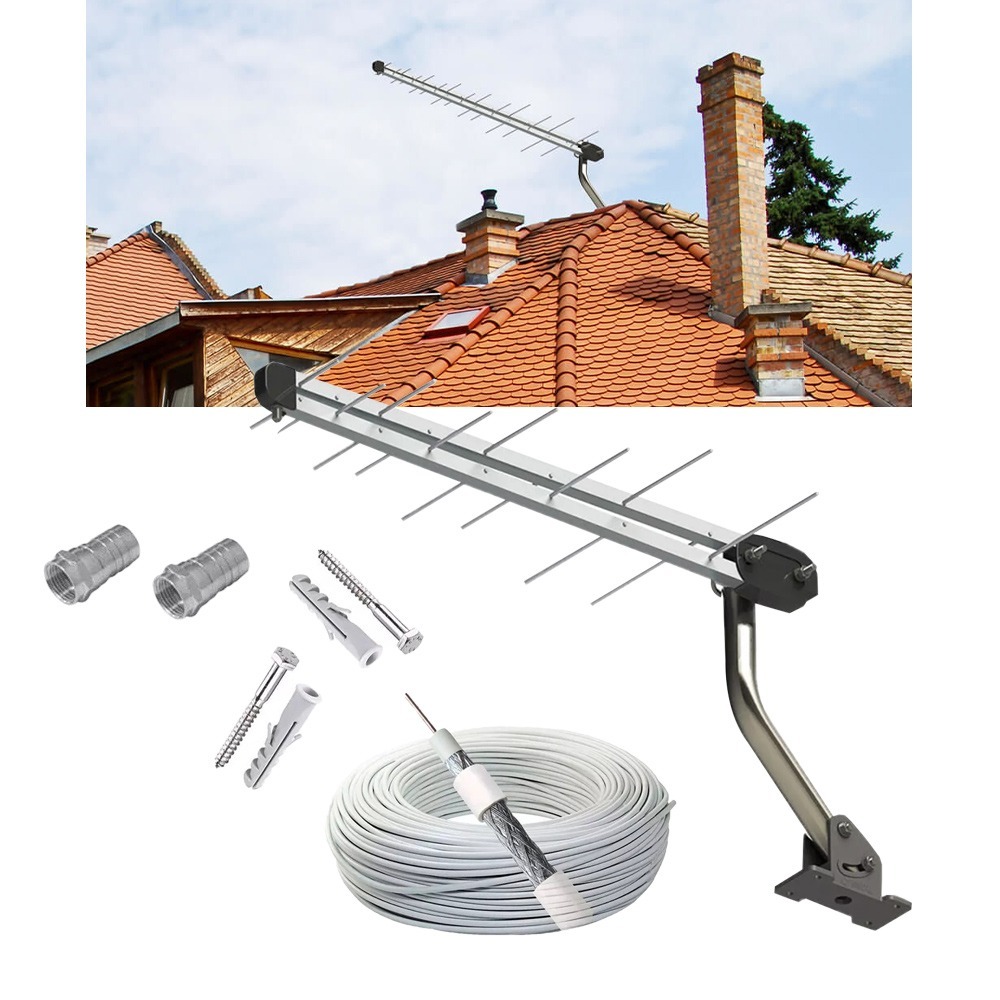 Antena Uhf Externa De 22 Elementos Com Mastro E Kit De Fixação