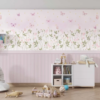 Papel de Parede Adesivo Ripado Floral Rosa Bebê Borboletas - Vinil Autocolante