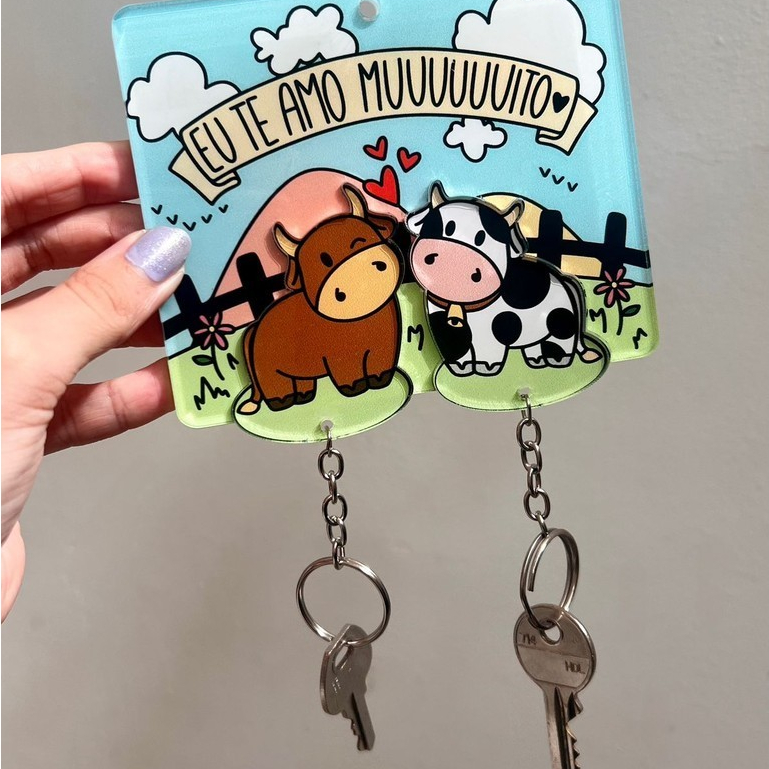 Porta Chaves Com 2 Chaveiros de Encaixe - Te Amo Muuuito Vaquinha
