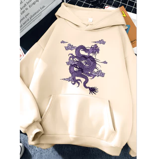 Blusa Moletom Canguru Unissex Feminino Com Capuz Estampa Dragão Roxo Streetwear