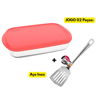 Jogo Kit 02 Peças Assadeira Lasanehire Retangular 4L Vidro Sempre C/TP+Espátula Vazada Inox Plástico