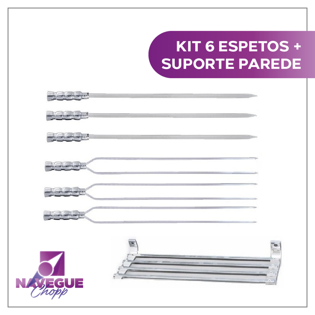 Kit Churrasco: 6 Espetos de Alumínio 65cm + Suporte para Parede
