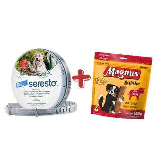 Kit Seresto Coleira Antipulgas Cães de até 8kg Elanco + Magnus Bifinhos Sabor Carne 500g em Oferta na Shopee