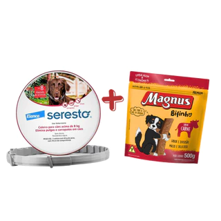 Kit Seresto Coleira Antipulgas Cães acima de 8kg Elanco + Magnus Bifinhos Sabor Carne 500g em Oferta na Shopee