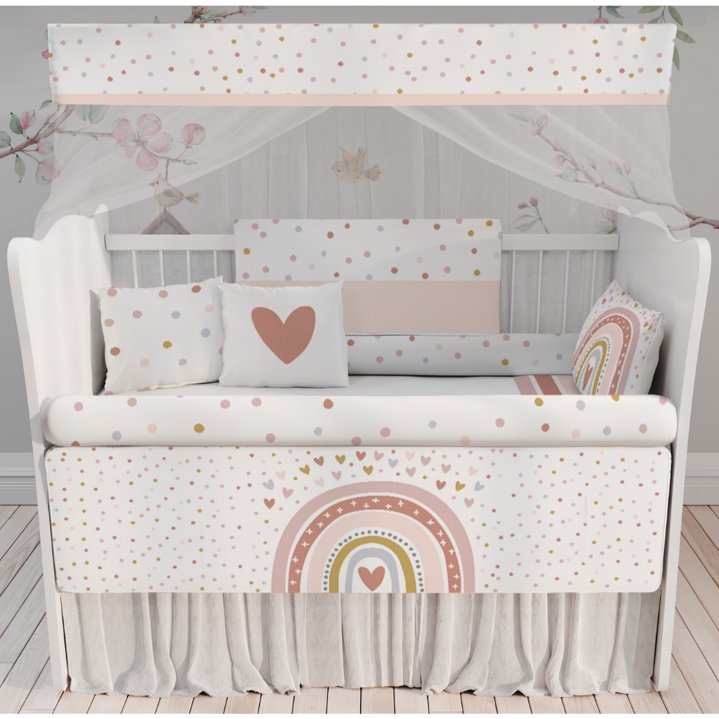 Kit Berço Menina Arco-íris Corações Vermelho Bolinhas Infantil Kt638
