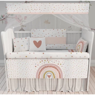 Kit Berço Menina Arco-íris Corações Vermelho Bolinhas Infantil Kt638