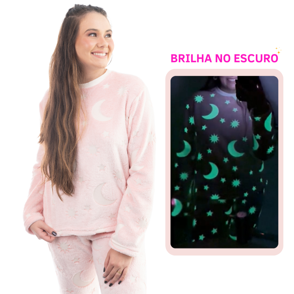 Pijama Feminino Longo Fleece Brilha No Escuro Adulto Quentinho Inverno ...