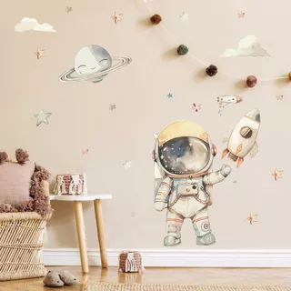 Adesivo de Parede Astronauta Aquarela Foguete estrelas