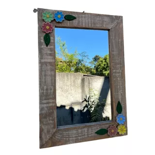 Moldura com Espelho Madeira, rústico, artesanal, de parede, decoração, flores decoradas, encerada, quadro, envio imediato, rústico, espelho, madeira, flores, colonial, parede, lavabo, banheiro, corredor, enfeite,, 60x40cm, pátina, artesanato, moldura