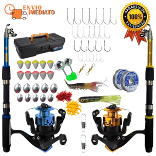 Kit Pesca Barato Completo 2 Varas + 2 Molinetes+1 Estojo Promoção Anzol Boia e Chumbo