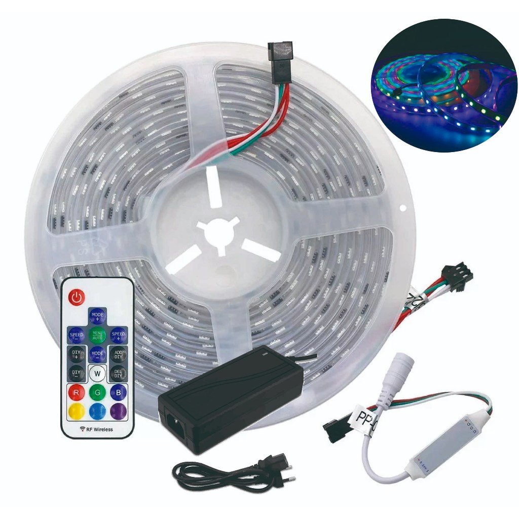 Fita de Led DIGITAL ENDEREÇÁVEL 5 Metros 2811+ Controle + Fonte 12V 5A Ip67 Rgb ENDEREÇADA