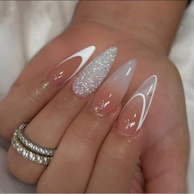 kit 24 unhas postiças realista decoradas glitter francesinha branca ...