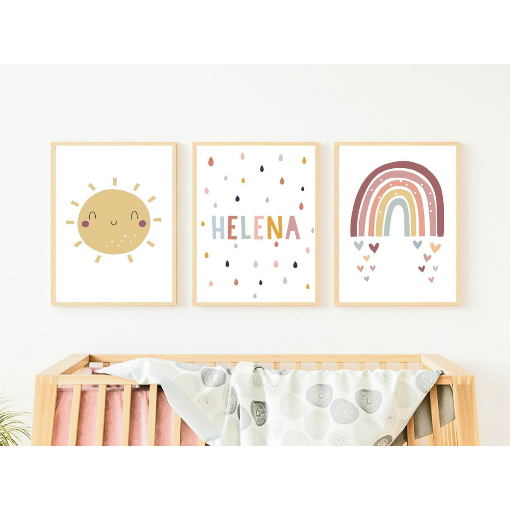 Quadros Infantil Boho Sol Arco Íris Quarto Criança Bebe Personalizado com Nome
