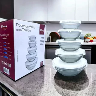 Conjunto 5 Potes de Vidro Tigela Recipiente Hermeticos C/ Tampa Branco Organizador Alimentos Cozinha