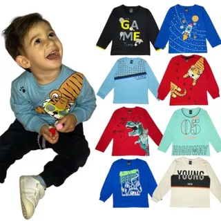 Kit SORTIDO blusa masculina sortido 3 camisas manga longa inverno menino do 1 ao 3 blusas 100% algodão Camisa Infantil manga longa menino masculina inverno Gola Redonda com estampa frontal 100% algodão PROMOÇÃO BARATO