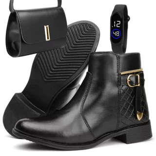 Kit botinha com ziper feminina + bolsa sintetica pequena +relogio digital