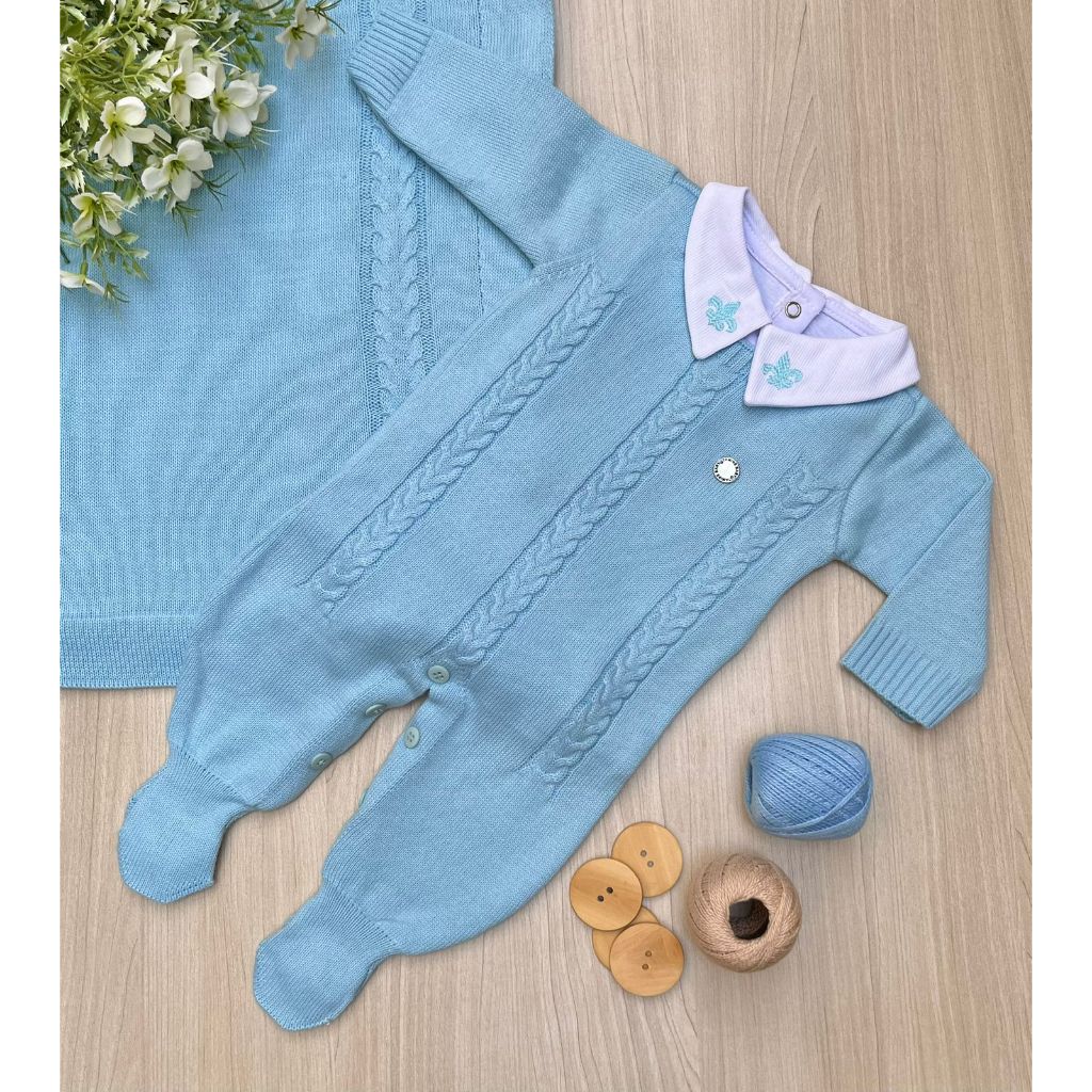Saída de maternidade de menino em tricot azul macacão Antonio 3 peças