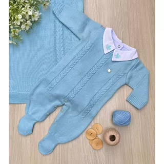 Saída de maternidade de menino em tricot azul macacão Antonio 3 peças