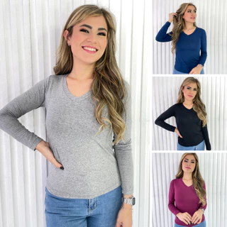 Kit 4 Blusas Feminina Gola V Manga Longa