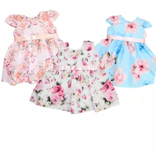 Kit com 3 Vestidos Bebê e Infantil Tamanhos P-M-G Estampados com Faixa de Cetim